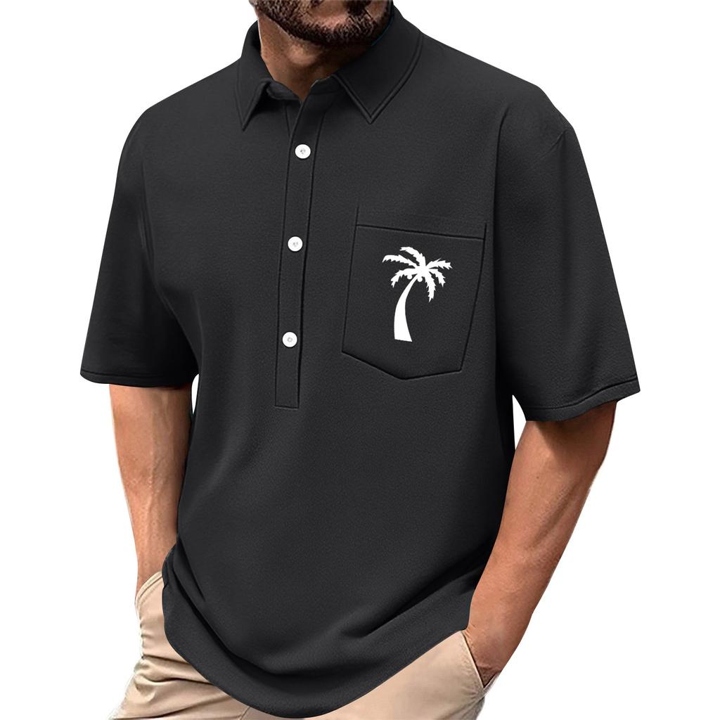 Men's Summer Solid Color Print Four-sided Stretch Lapel Button Pocket Shirt Casual Sports Short-sleeved Top