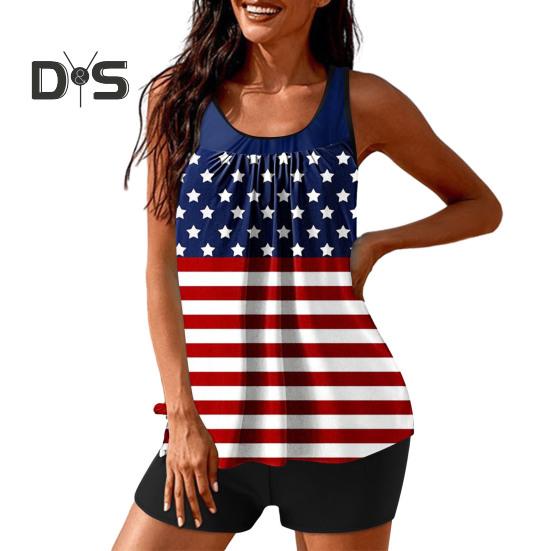 2 Teile/satz Frauen Tankini Set Amerikanischen Unabhängigkeit Tag Druck Weste Einfarbig Schwimmen Shorts Set Bademode
