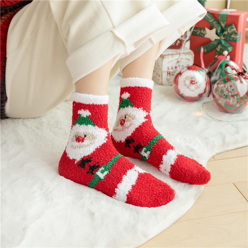 Women's Christmas Reindeer Coral Fleece Mid-Calf Slipper Socks - Winter Sleep Socks Gift