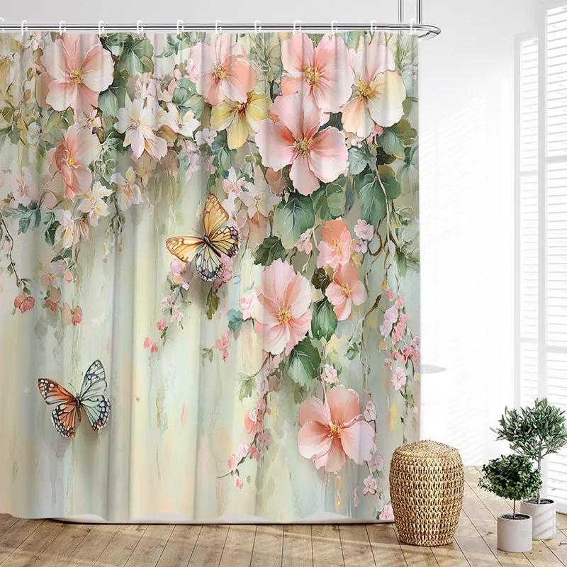 

Лиана Цветочная Шторка для душа Розовая Цветочная Кантри Растение Полиэстеровая ткань Занавеска для ванной Крючок для украшения дома W150xH180cm