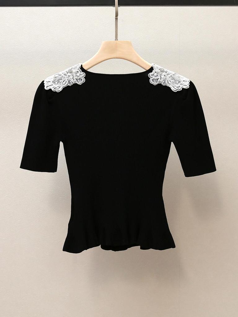 Elegant Autumn Lace Patchwork Sweater - Women's Slim Short Knit