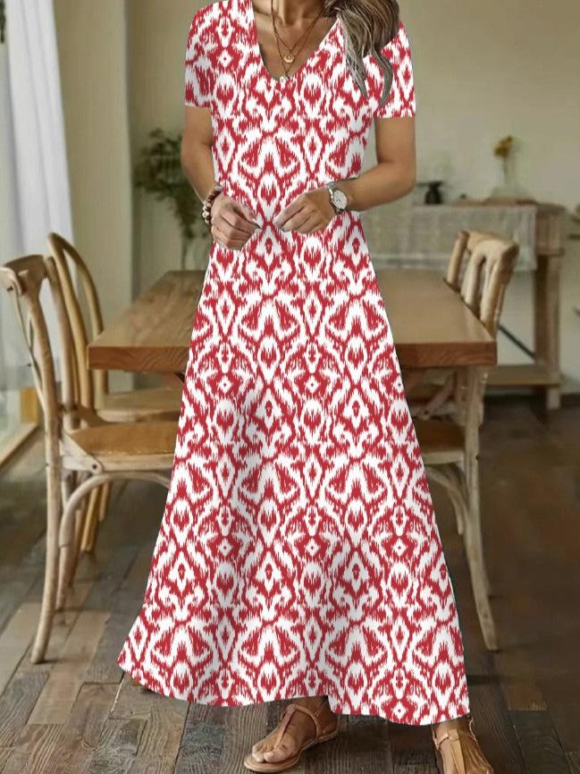 European and American Independent Station Autumn and Winter Fashionista Casual Sweet Loose V-Neck Printed Medium Sleeve Long Dress