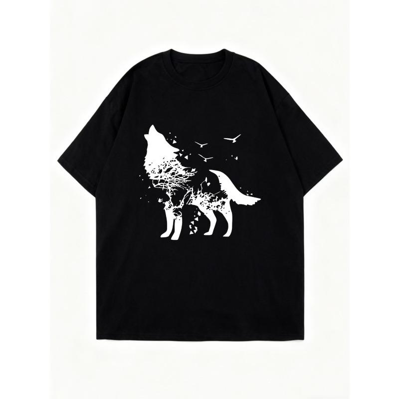 Black Oversized T Shirt Wolf Tree And Birds Print Casual Streetwear For Women Summer Outfits