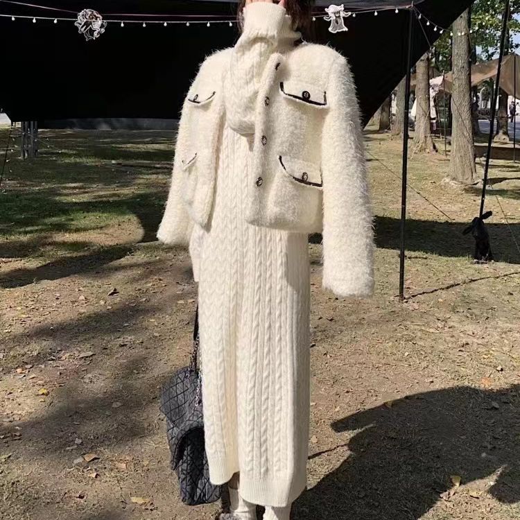 

Фиолетовое платье-свитер с французским переплетением для женщин one size белый