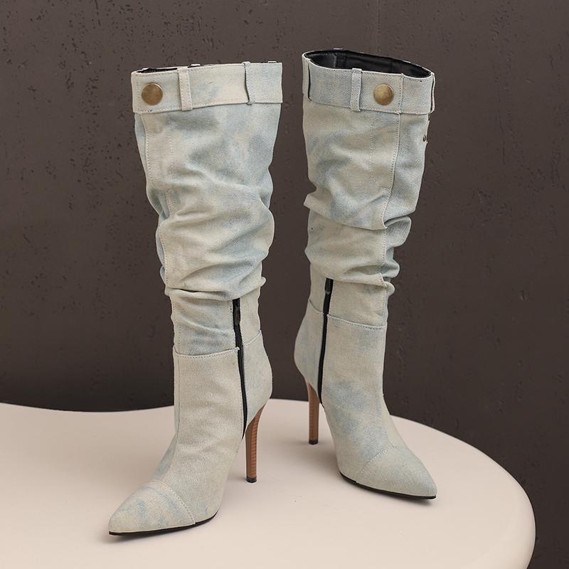 Women's High-heeled Boots Sexy European and American Style Pointed-toed Thin-heeled Large-size Cowboy Mid-boots