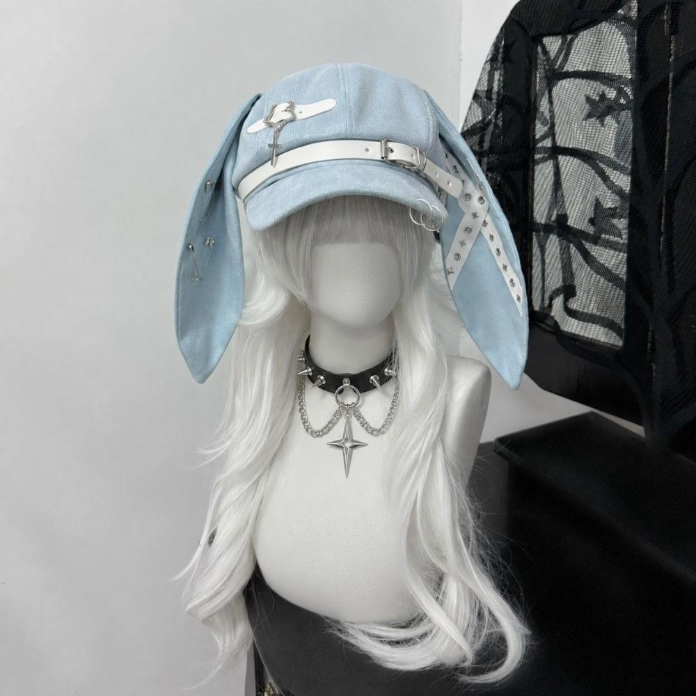 Rivet Buckle Long Rabbit Ears Beret Solid Color Chic Octagonal Hat Gothic Punk Hat for Girls