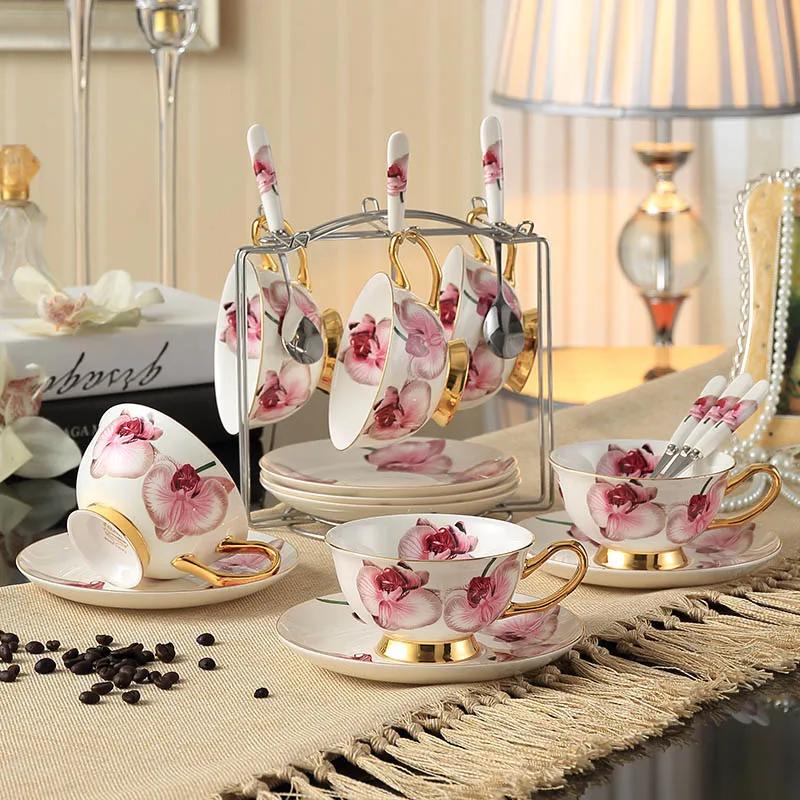 Top-grade British Vintage Rose Bone China Coffee cups set Porcelain Tea Sets Ceramic cups organizer tea party Six-piece Set