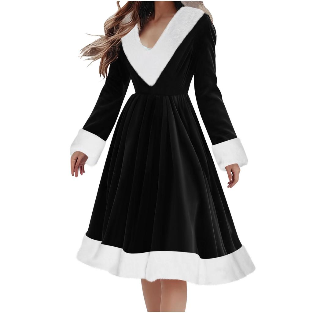 Women's Fashionable Loose-Fit Long-Sleeved Plush V-Neck Solid-Colour Party Dress