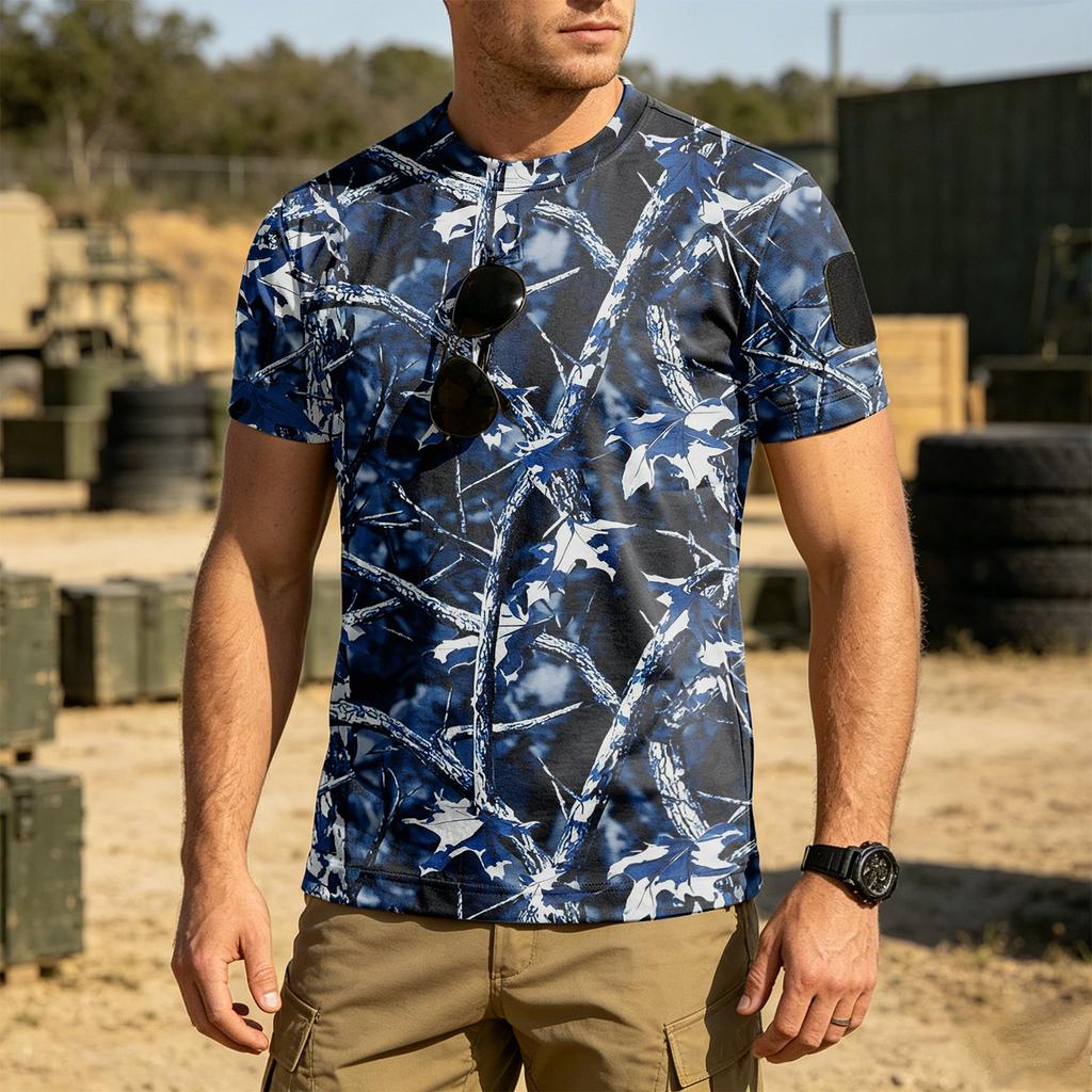 Men's Tactical Short Sleeve T Shirt Loose Fit Breathable Quick Dry Outdoor Sports Tee with Hook and Loop Patch Area
