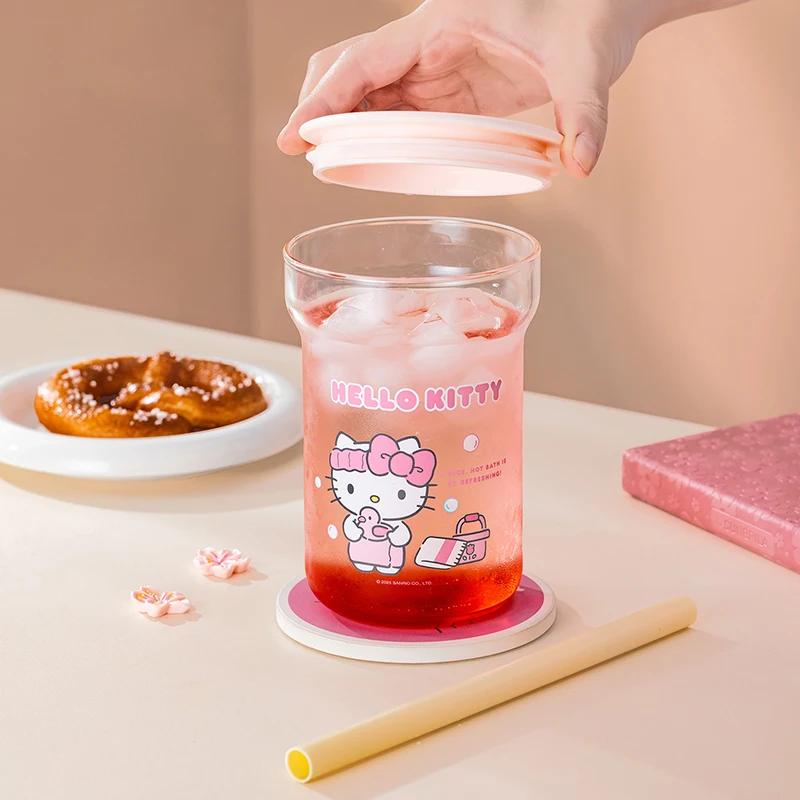 For Sanrio Collaboration Straw Cup High Borosilicate Glass Cup with Lid Cartoon HelloKitty Water Cup Home Juice Mup for Kids