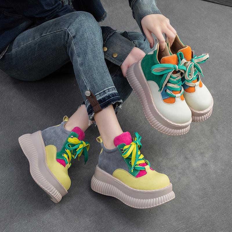 GKTINOO 2025 Spring New Genuine Leather Flat Platform Shoes Mixed Colors Thick Sole Shoes For Casual Sneakers Women's Shoes