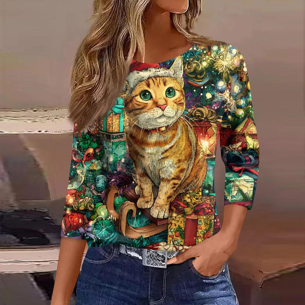 3/4 Sleeve Shirts For Women Print Graphic Tees Blouses Casual Plus Size Basic Tops Pullover