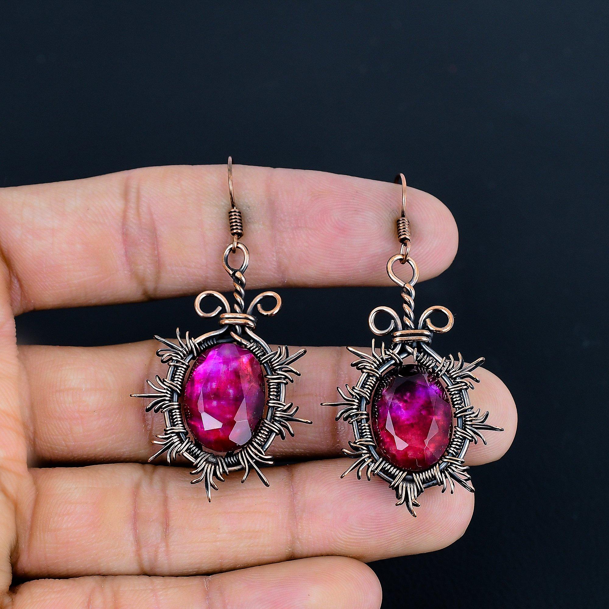 

Серьги с аммолитом, Ювелирные изделия из драгоценных камней, Серьги ручной работы, обернутые медной проволокой 999 пробы, Ювелирные изделия новейшего дизайна 2.36 Inches розовый