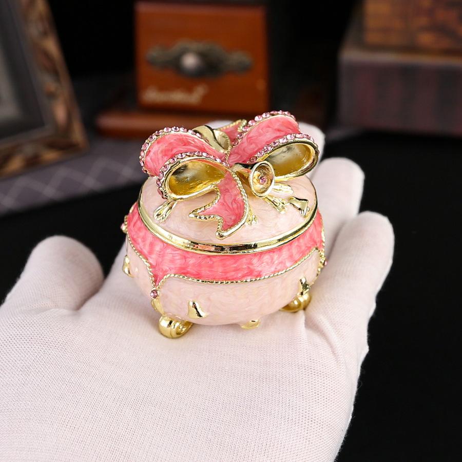 New light luxury cute bow oval jewelry box enamel color jewelry box flip cover dust ring stud earrings storage