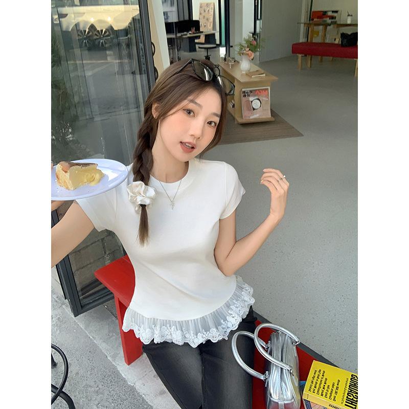 Ballet Lace Round Neck Short-sleeved T-shirt for Women, Xia Chun Wants To Fold Inside and Wear a Bottomed Shirt Top