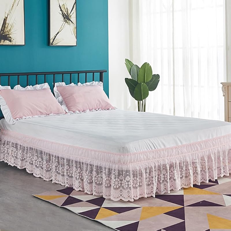 White Lace Bed Skirt for Queen Bed - 15in. Drop, Easy Fit Ruffle Bedskirt Wrap Around Bed Skirt, Anti Wrinkle & Fade Resistant