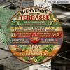 2D Flat, 1pc Round Aluminum Hanging Sign - "Bienvenue a Notre Terrasse" French Patio Rules Metal Wall Art, Tropical BBQ & Cocktail Design, Perfect