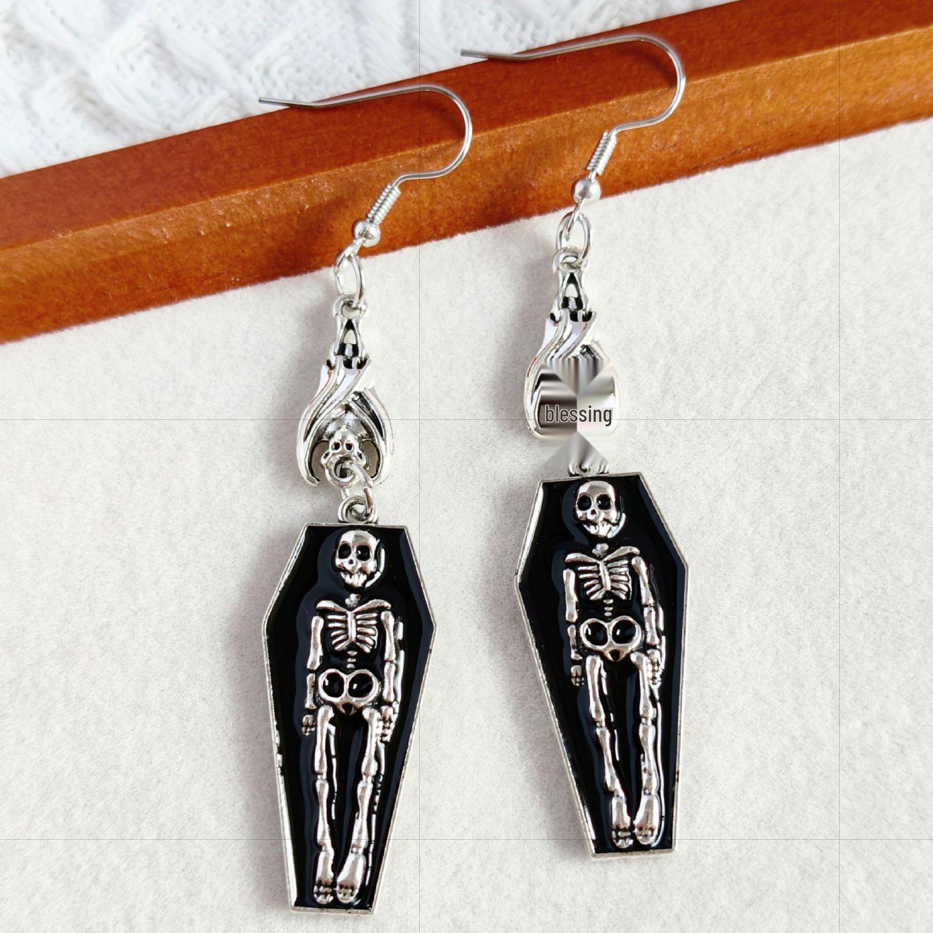 Retro Skull Coffin Skeleton Pendant Earrings for Halloween