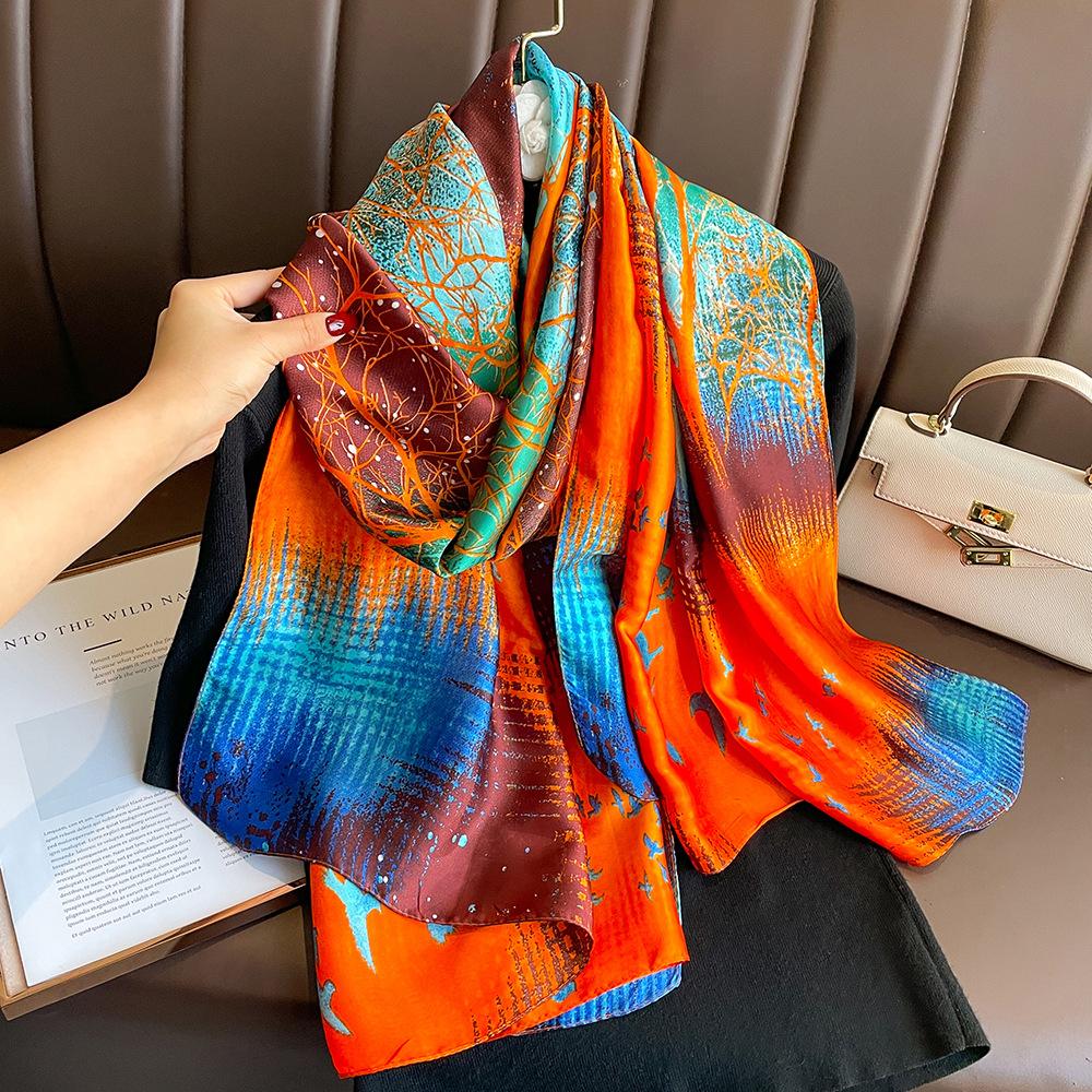 New silk scarf new silk satin printed shawl holiday fashion sunscreen long section simulation silk scarf