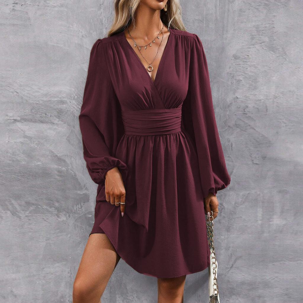 Modisches Damenkleid mit V-Ausschnitt, langen Ärmeln, Falten und vielseitigem Design