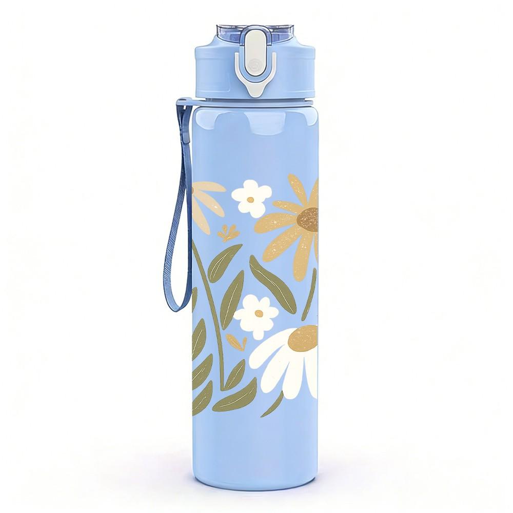 1PC Wild Daisy Bouquet Print 750ml Color Plastic Sports Water Bottle Leakproof Flip Straw Lid Suitable for Sports Office Home Use