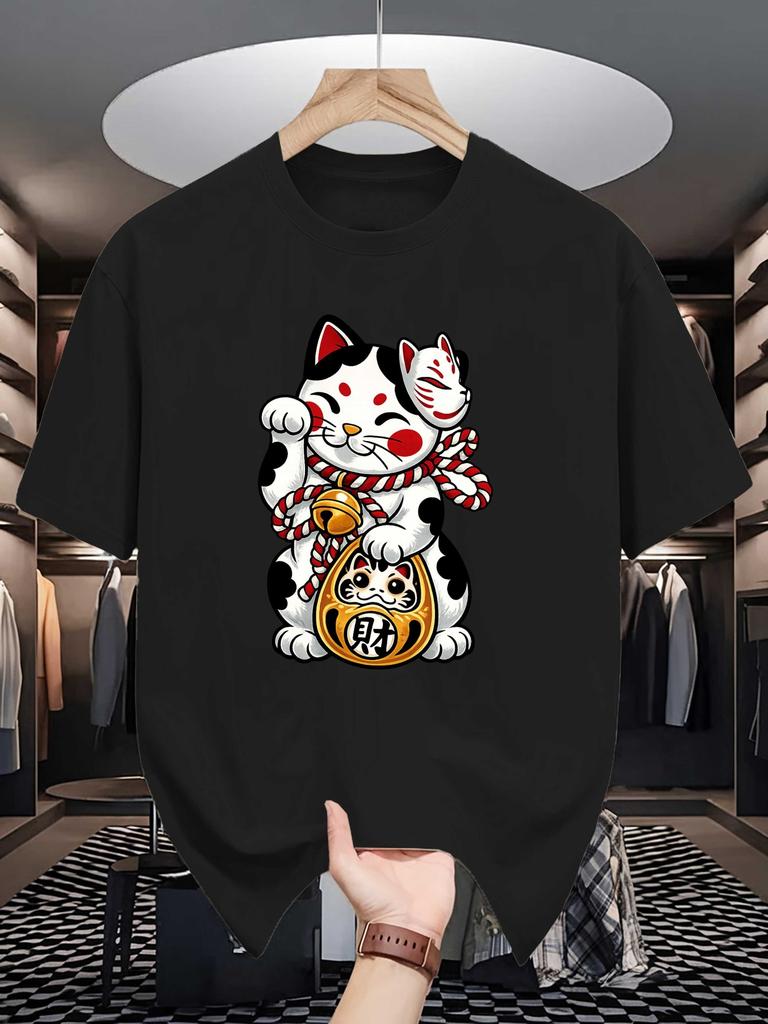 Unisex Crew Neck Tee Oriental Lucky Cat Fortune Graphic Print Soft Cotton Loose Short Sleeve Summer Casual Male Streetwear Tops
