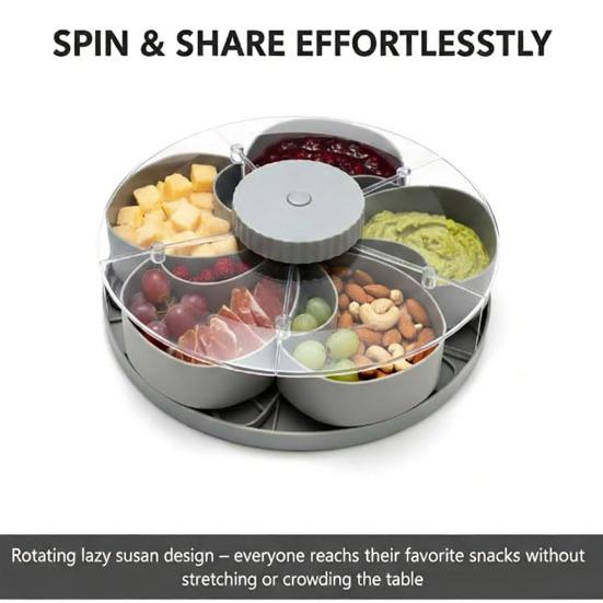 Divided Rotating Snack Serving Tray with Lids Spinning Compartment Platter for Dips Veggies Fruits Space-Saving Kitchen Organizer for Parties Picnics