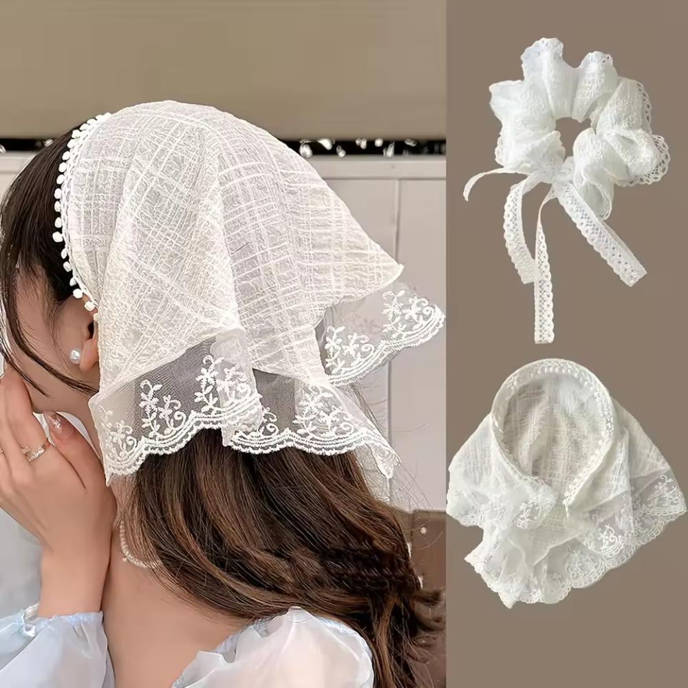 Summer Lace Triangle Headscarf Woman Polka Dot Lace Square Scarf Sweet Turban Cap Sunscreen Headwrap Hair Hoop Girl Court Bonnet