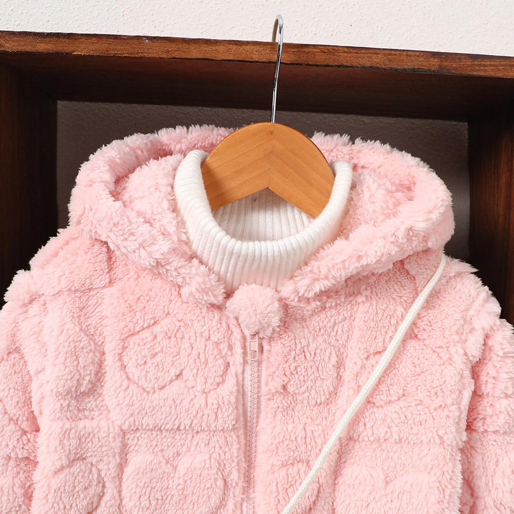 Children's Clothing New Autumn Winter Solid Color Heart Jacquard Hooded Plush Jacket for Girls