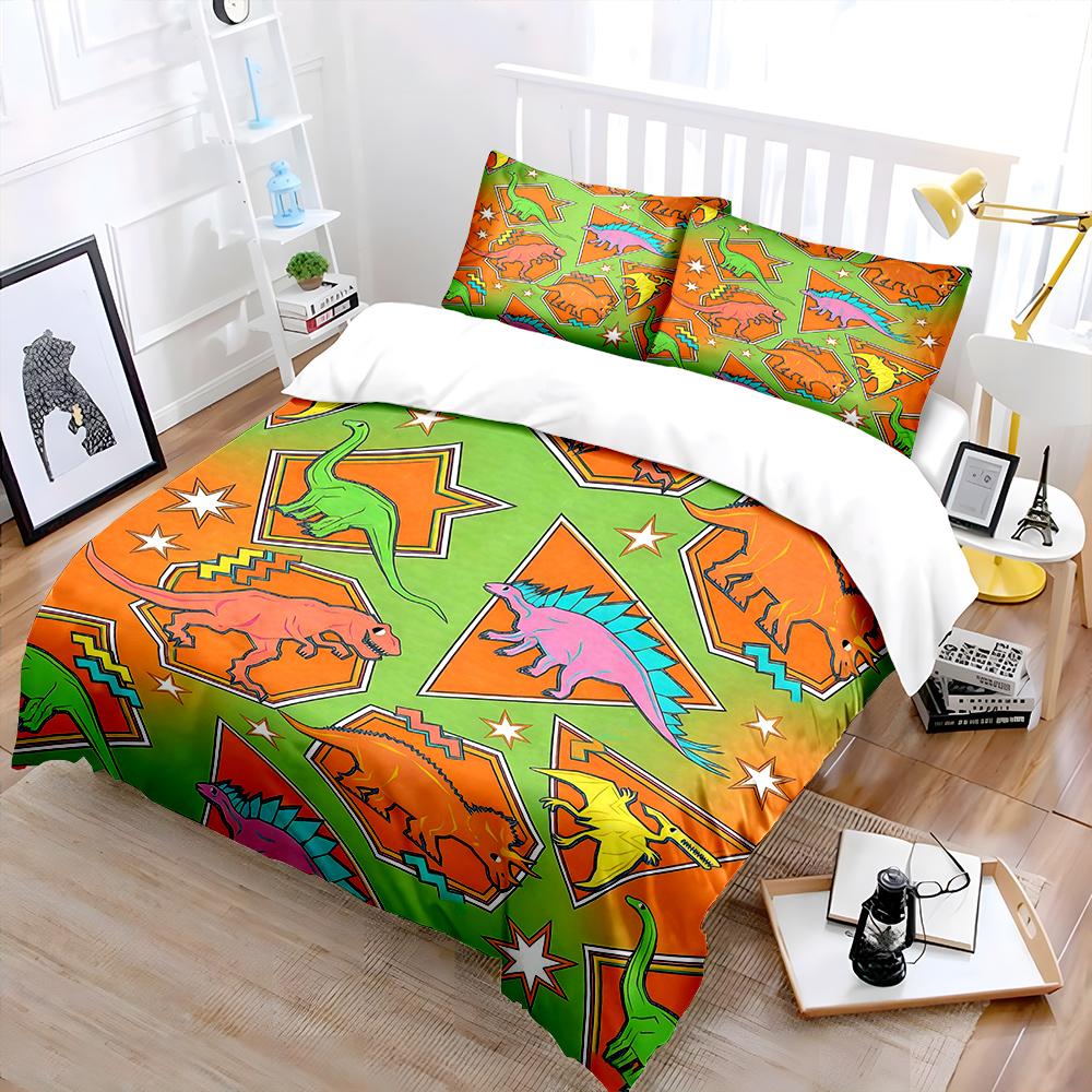 Cartoon Dinosaur Geometric Puzzle Pattern Duvet Cover Set Digital Print Colorful Polyester Bedding with Zipper Closur