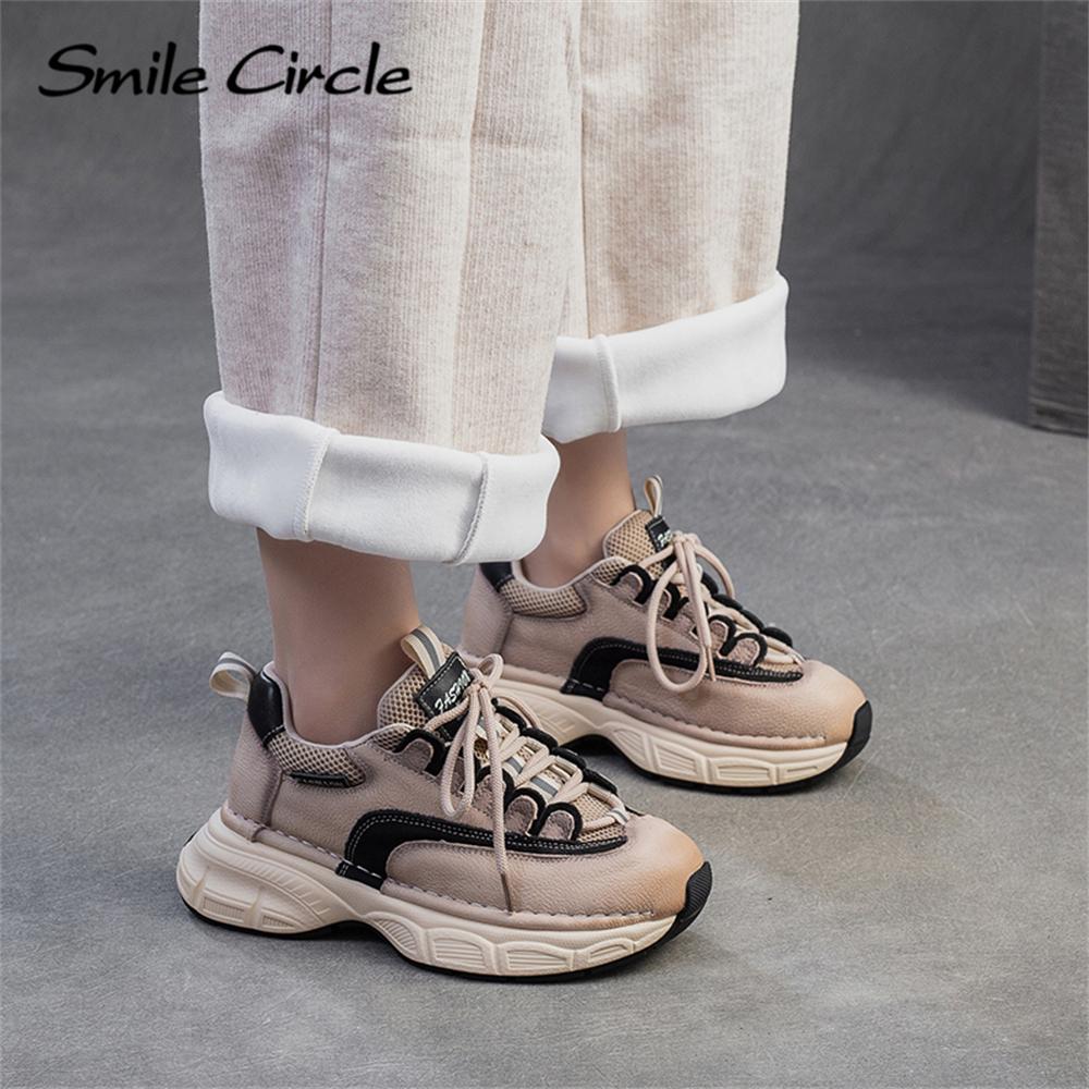 Damen Sneakers aus echtem Leder mit runder Zehenpartie und zunehmender Höhe, modische Freizeitschuhe mit dicker Sohle