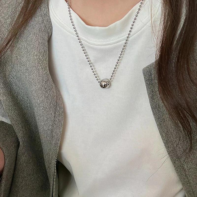 Personality Design Silver Color Stainless Steel Beaded Ball Pendant Necklace For Women Double Layer Hip Hop Rock Chokers Jewelry