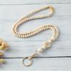 Wooden Beaded Keychain with Silicone Flower Charm - Stylish Lanyard Necklace for Keys, Badges, Light-Colored Beads & Golden Clasp, Key Necklace