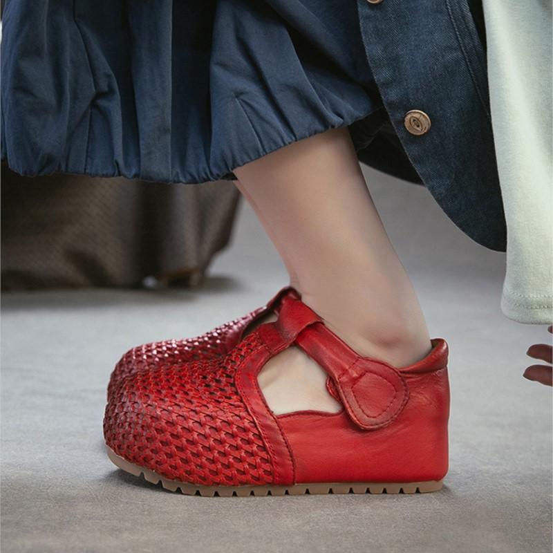 Johnature Genuine Leather Retro Woven Hollowed Out Height Increasing Sandals Comfortable Women's Shoes