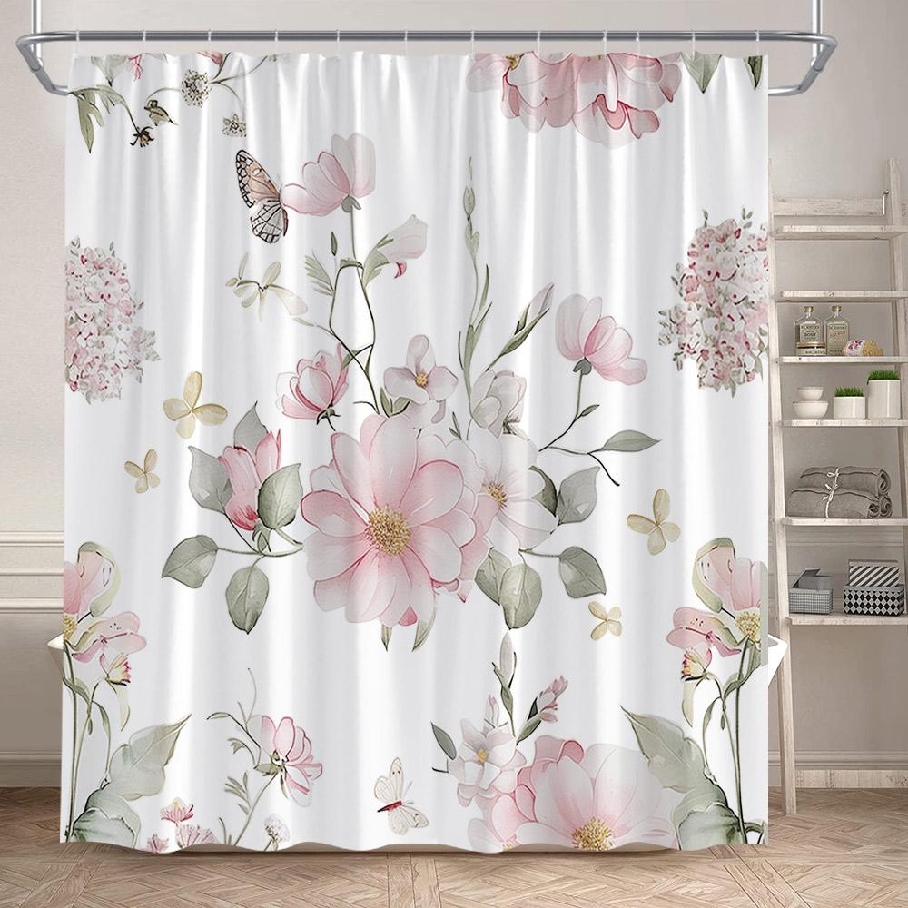 Floral Shower Curtains Watercolour Flowers Butterfly Plant Modern Minimalist Bathroom Curtain Polyester Fabric Home Decoration