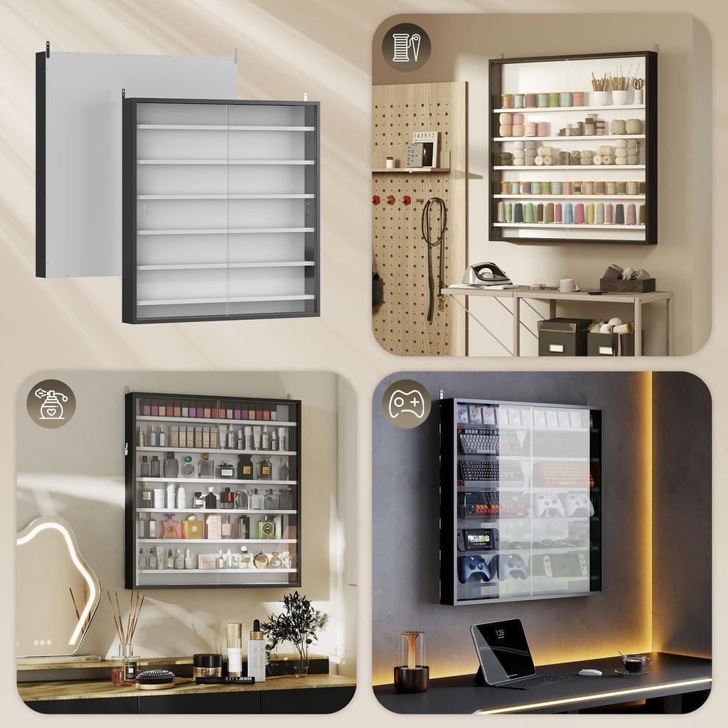 Wall-Mounted Display Case, 6 Adjustable Shelves, 2 Sliding Glass Doors, 80 x 9.5 x 83 cm