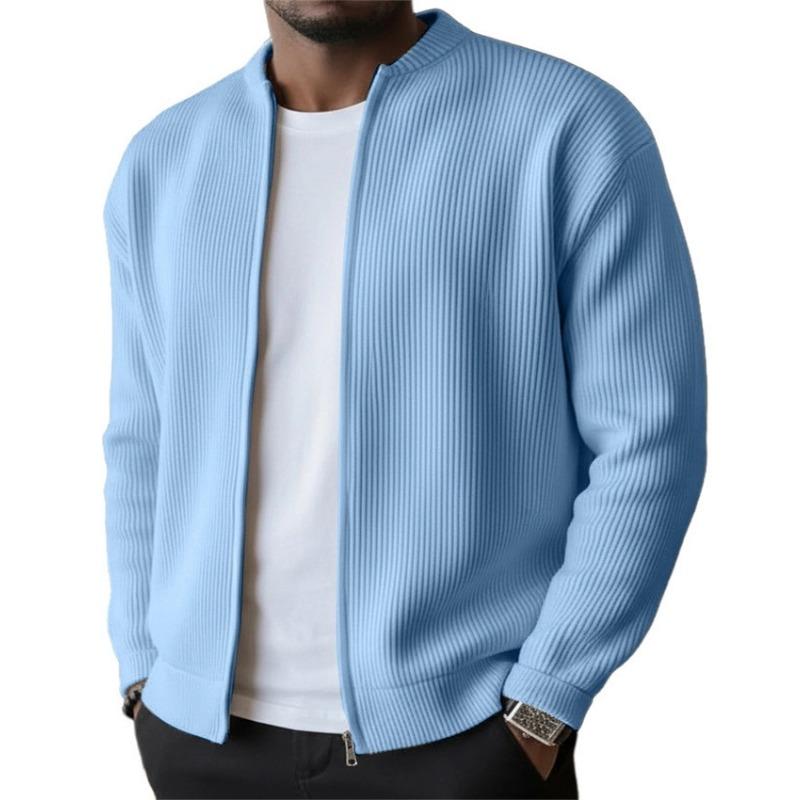 Cardigan da uomo con zip intera a coste - Tessuto a maglia morbida, Collo alto, Vestibilità rilassata per l'uso quotidiano e casual