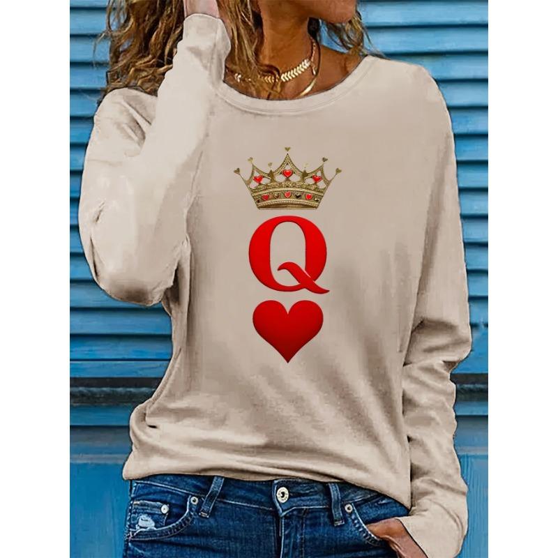 Women's Spring and Autumn Comfortable Casual Long Sleeved Playing Cards Q Queen Pattern Printed Round Neck T-shirts