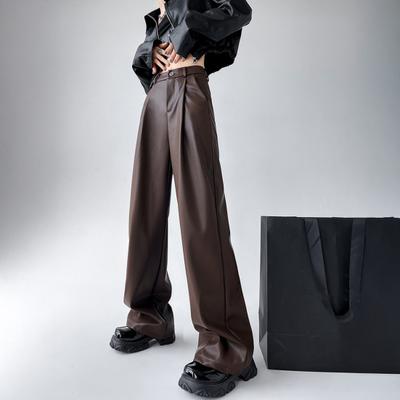 Women Spring Pants High Waist Wide-Leg Imitation Leather Trousers with Pockets Solid Color