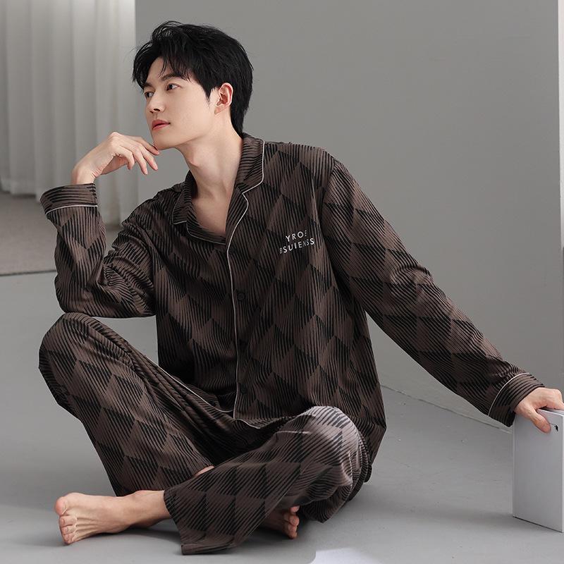 Men's pajamas spring and autumn pure cotton long-sleeved cardigan spring and autumn men's dad plus size cotton loungewear set