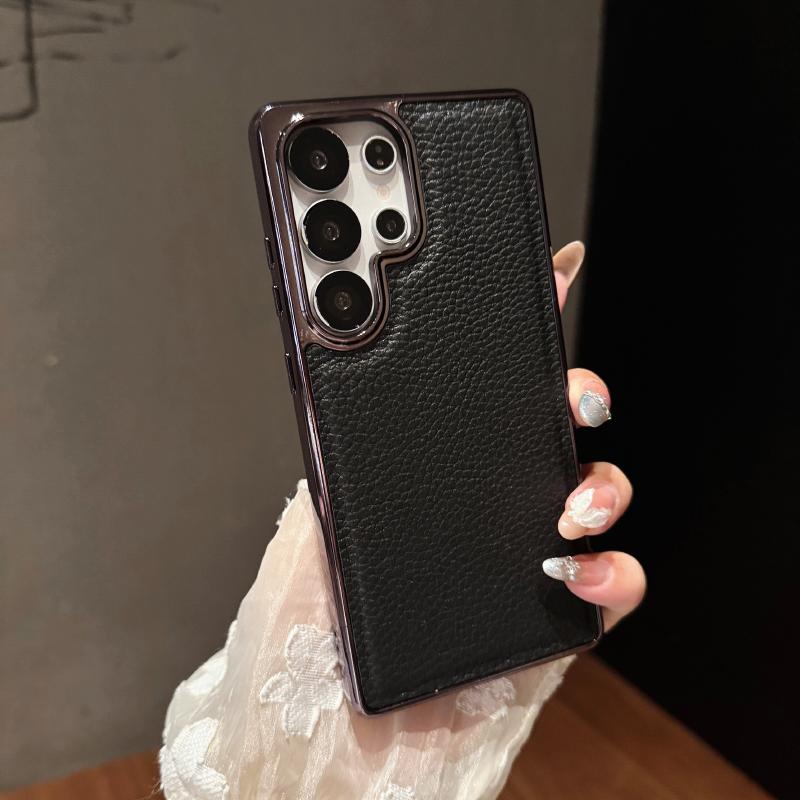 Luxury Solid Color Lychee Leather Plating Border Soft Phone Case For Samsung Galaxy S25 Ultra Egde S24 Ultra Plus FE Back Cover