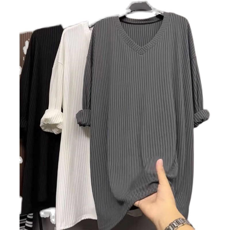 European V-Neck Long Sleeve T-Shirt for Women - Mid-Length Loose Fit for Spring, Autumn, Winter