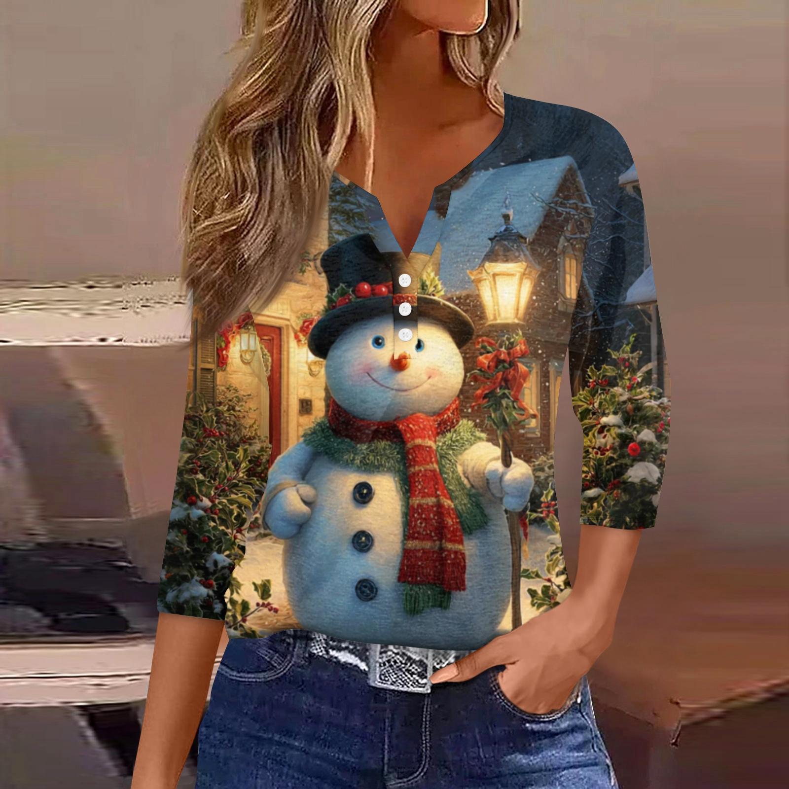 

Женская модная повседневная рождественская блузка с V-образным вырезом и рукавом три четверти, украшенная пуговицами XXL синий
