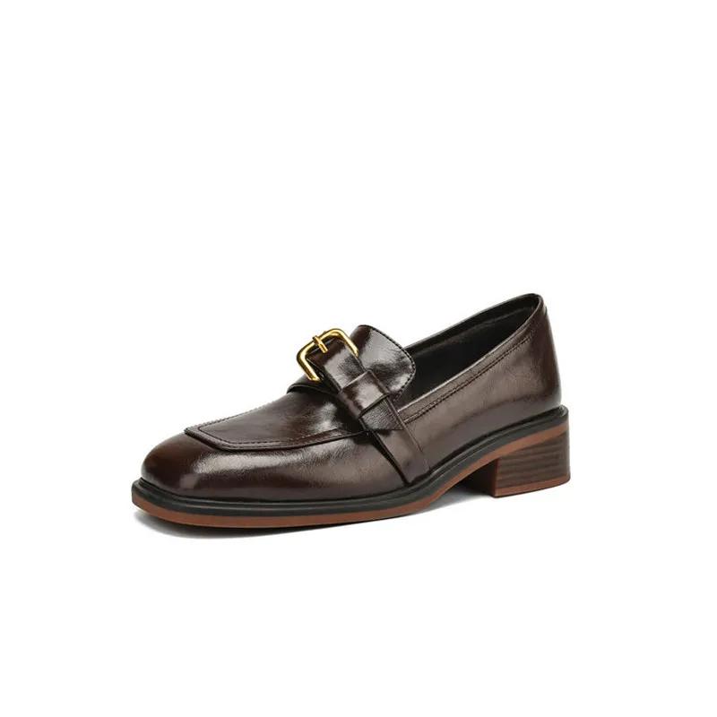 Fashion New Autumn Winter Split Leather Women Pumps Shoes for Women French Square Toe Loafers Zapatos Mujer Chunky Heels Ladies Shoes