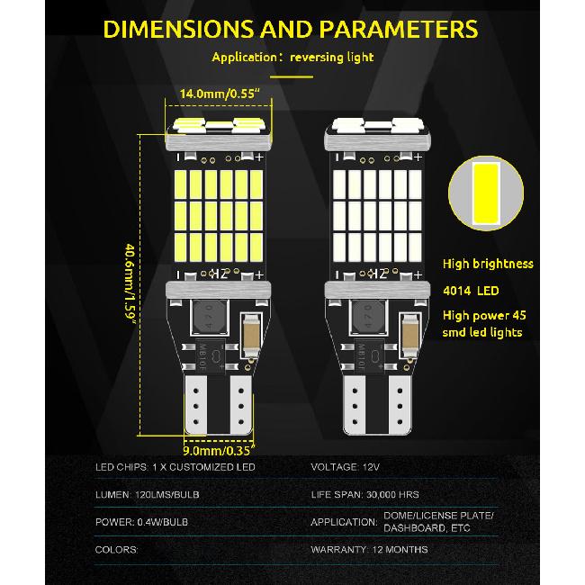 2pcs T15 W16W 921 912 Car Reverse Light 45SMD 4014 Bright LED Bulbs Canbus No Error Easy Installation 12V Backup Safety Universa Bulbs 7