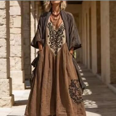 New Bohemian V-neck Printed Long Dress Loose Sunscreen Blouse Seaside Vacation Beach Dress