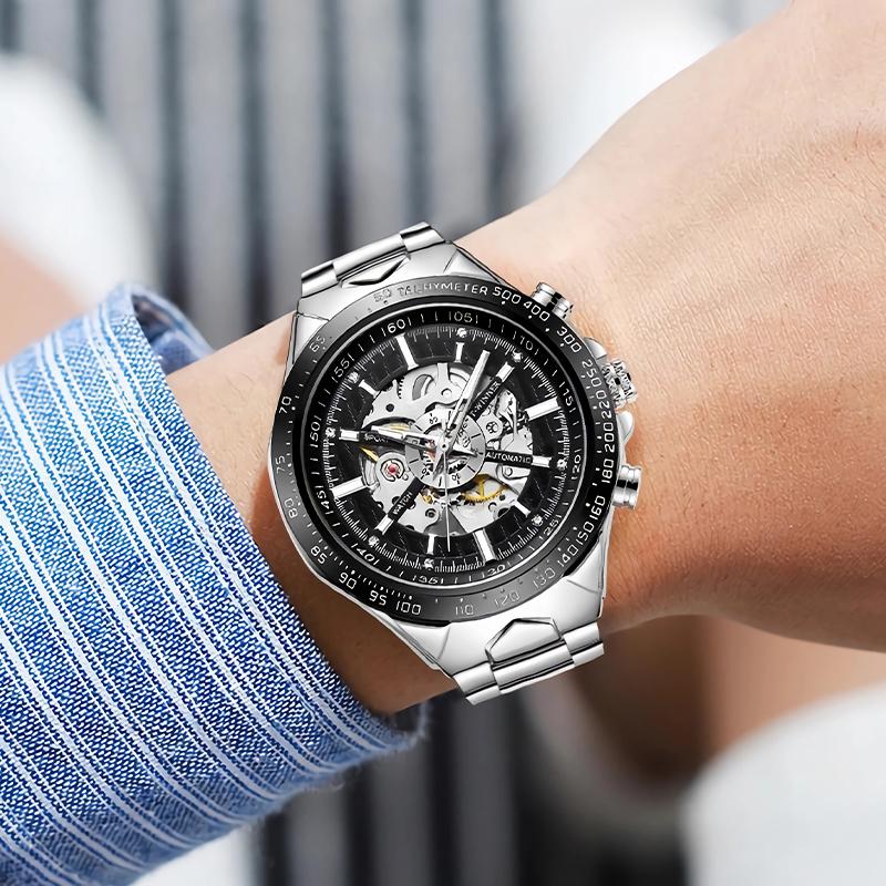 Vollautomatische mechanische Herrenuhr mit Hohlgehäuse, wasserdicht, leuchtende Diamantuhr, europäischer und amerikanischer Stil, vollautomatische mechanische Herrenuhr