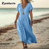 Oversized Solid Color V-Neck Cotton Linen Women's Dress for Women's Clothing