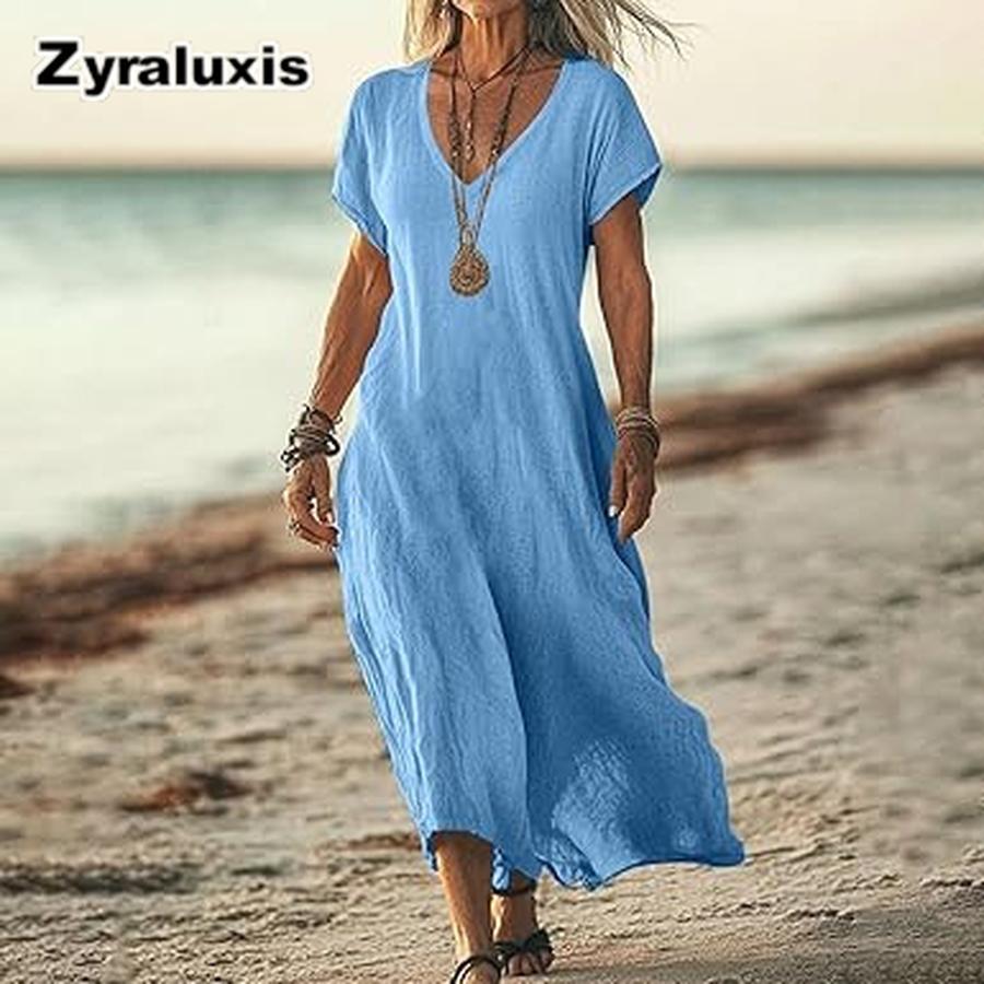 Oversized Solid Color V-Neck Cotton Linen Women's Dress for Women's Clothing