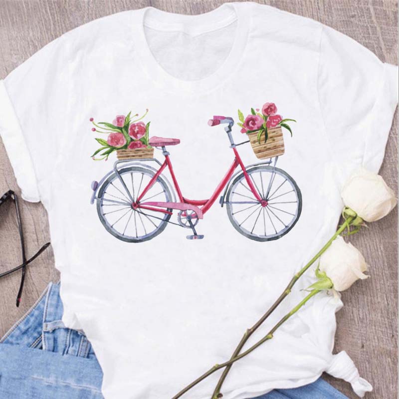 Woman Funny Bicycle Floral Print T Shirt Harajuku Women Tshirts Casual O-Neck Short Sleeves Tops Tees Shirt,Drop Shipping